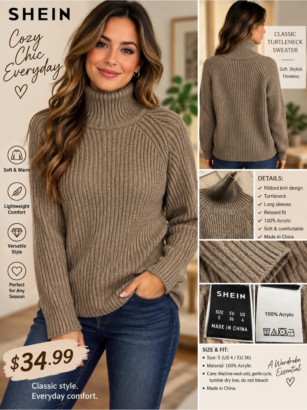SHEIN Taupe Ribbed Turtleneck Sweater